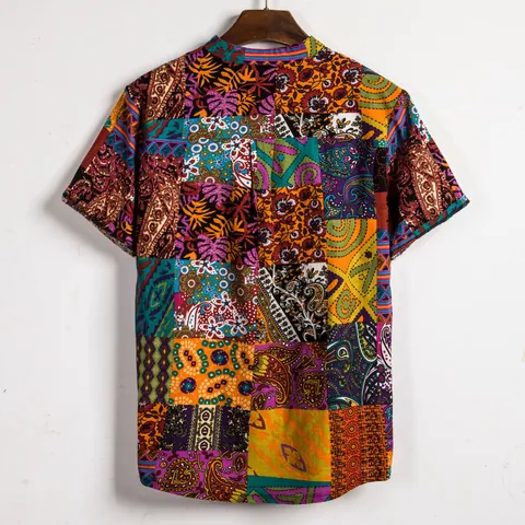 Ανδρικό Casual Βαμβακερό Πουκάμισο Patchwork Κοντό Μανίκι Γιακάς Μανδαρίνος Slim Fit Ανθικό Χρωματικές Αντιθέσεις Καλοκαιρινό