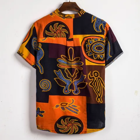 Heren Zomer Etnische Tribal Print Korte Mouw Overhemd Retro Slim Fit Katoen Casual Button Down Top Voor Strand Feest Dagelijks Heren Kleding
