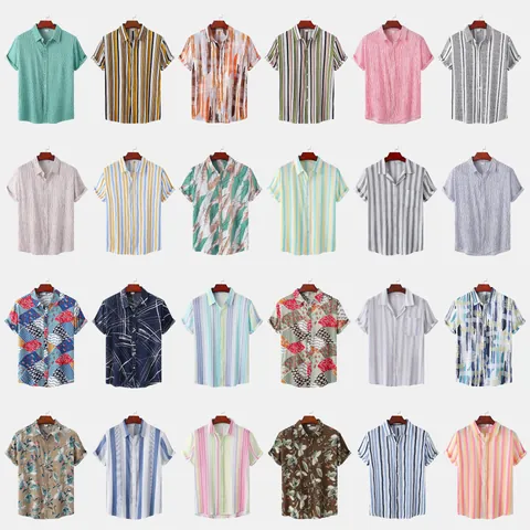 Camisa Casual de Hombre Rayada Estampada Playa Manga Corta Mezcla de Algodón Cuello Camisero Verano Ajuste Holgado Top Vacaciones