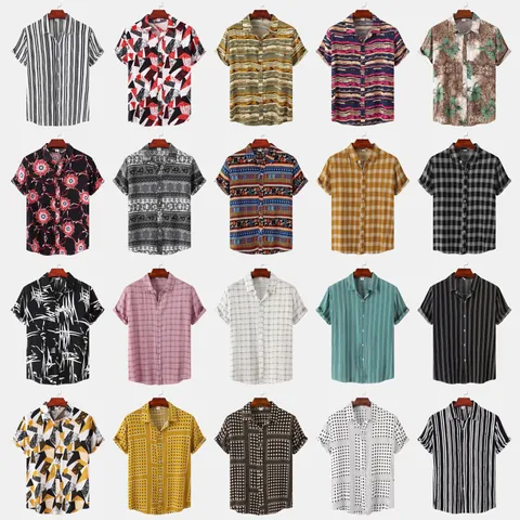 Chemise Décontractée pour Hommes en Coton Manches Courtes Coupe Ajustée Rayée Carreaux Floral Patchwork Top Mode Été Plage
