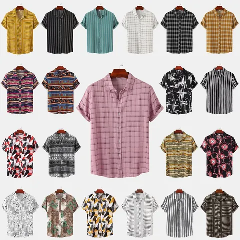 Chemise Décontractée pour Hommes en Coton Manches Courtes Coupe Ajustée Rayée Carreaux Floral Patchwork Top Mode Été Plage