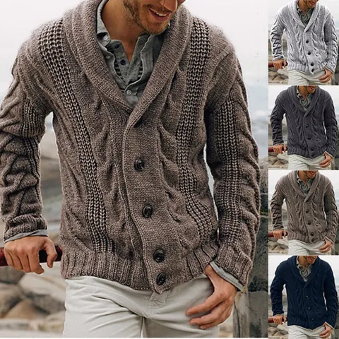 Men Cable Knit Cardigan Sweater Top Shawl Collar Button Up Solid Acrylic Thick Knitted Coat Outerwear For Autumn Winter Casual
