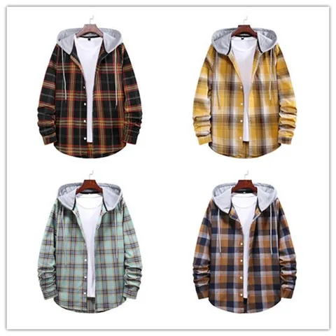 Camicia scozzese con cappuccio casual da uomo Manica lunga Abbottonata Vestibilità comoda Moda a quadri Felpe con cappuccio Top