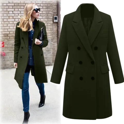 Abrigo Largo de Lana de Poliéster para Mujer con Doble Botonadura Solapa Abrigo de Otoño Invierno Color Sólido Casual Commuter Top Abrigo
