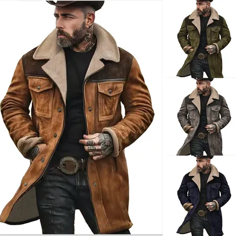 Heren Retro Suede Patchwork Jas Met Kunstbont Voering Meerdere Zakken Rits Casual Mantel Voor Herfst Winter Warm Bovenkleding