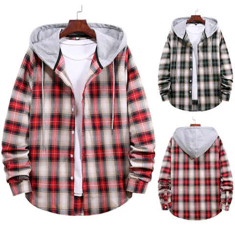 Chaqueta Camisa de Cuadros con Capucha para Hombre Mezcla de Algodón Casual Manga Larga Sobretodo para Jóvenes Top