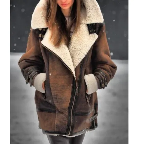 Women Winter Thick Shearling Jacket Faux Suede Fur Lined Overcoat Lapel Long Sleeve Pockets Zipper Warm Outerwear Top