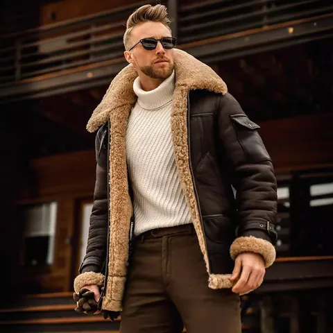 Men Faux Suede Shearling Jacket Thickened Winter B3 Bomber Coat Faux Fur Lined Lapel Zipper Casual Vintage Outerwear Top