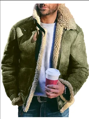 Men Suede Faux Fur Jacket Thickened Winter Coat Lapel Zipper Bomber Jacket Warm Splicing Outerwear Top With Faux Lamb Wool Lining