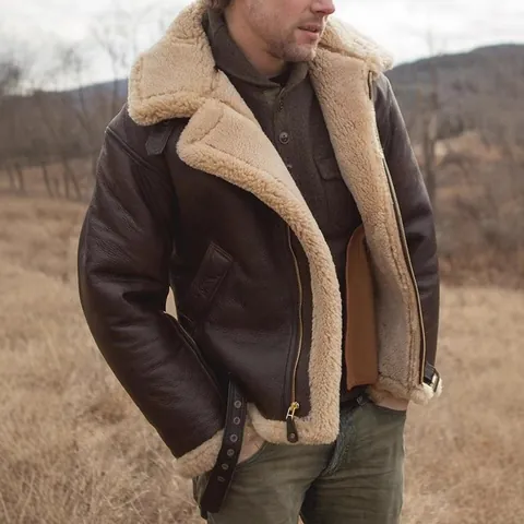 Men's Vintage Faux Suede Shearling Jacket Winter Thick Warm B3 Bomber Jacket Polyester Faux Leather Fleece Lined Outwear
