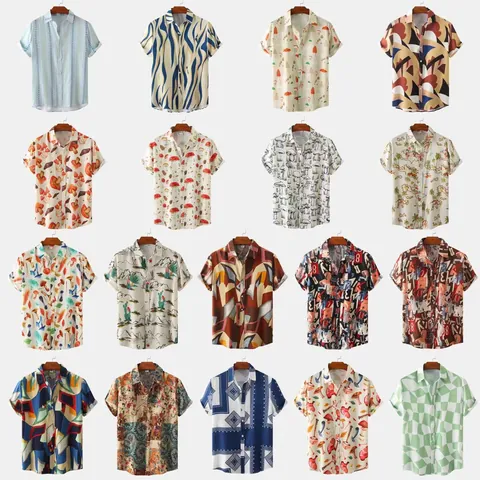 Men Casual Cotton Short Sleeve Shirt Slim Fit Floral Printed Hawaiian Summer Beach Shirt Lapel Single Breasted Tops Holiday