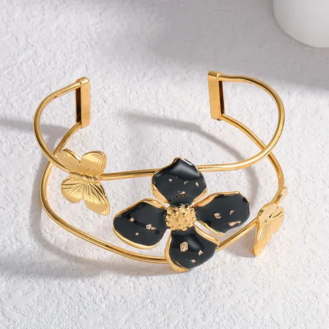 Bracelet Jonc Ouvert en Acier Inoxydable pour Femme Fleur à Quatre Feuilles Noire Papillon Or Élégant Bijoux de Fête
