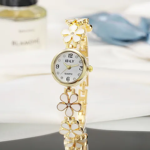 Women Elegant Flower Enamel Bracelet Watch Fashion Korean Forest Style Quartz Wristwatch With Rhinestone Floral Link Chain Jewelry
