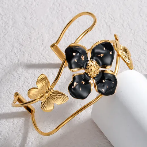 Bracelet Jonc Ouvert en Acier Inoxydable pour Femme Fleur à Quatre Feuilles Noire Papillon Or Élégant Bijoux de Fête
