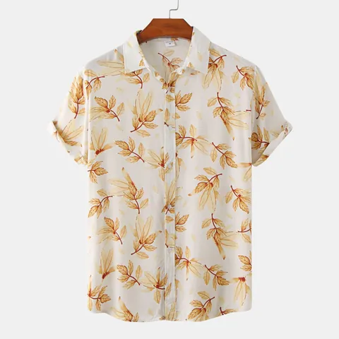 Men Casual Floral Print Short Sleeve Beach Shirt Cotton European Plus Size Hawaiian Button Down Tropical Pattern Top