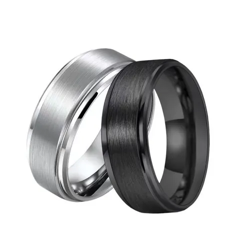 Men Band Ring Titanium Stainless Steel Brushed Bicolor Beveled Edge Hip Hop Minimalist Unisex Jewelry