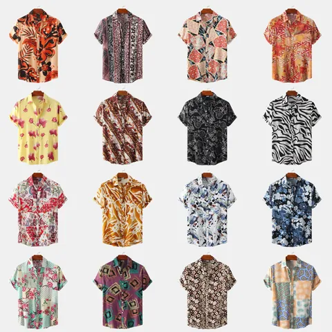 Camisa Estampada de Manga Corta Casual para Hombre Verano Floral Playa Botones Top de Poliéster Algodón Vintage Patchwork Estilo Étnico