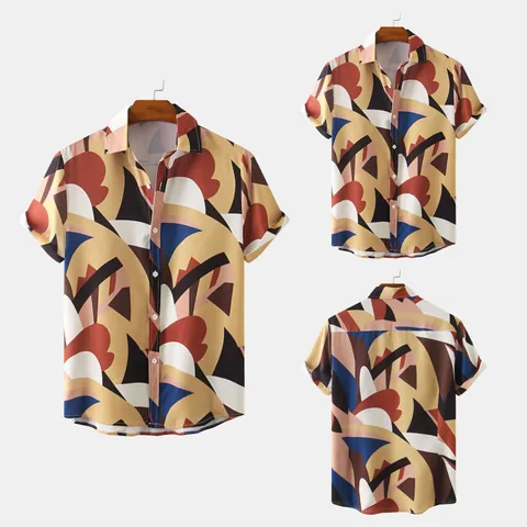 Men Casual Cotton Short Sleeve Shirt Slim Fit Floral Printed Hawaiian Summer Beach Shirt Lapel Single Breasted Tops Holiday