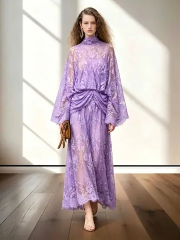 Robe Midi Style Français Col Montant Patchwork en Dentelle Manche Évasée Taille Cintrée Élégante Robe de Soirée Femme