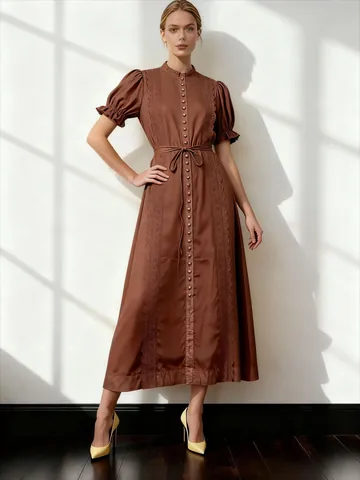 Robe Midi en Coton et Lin Rétro Japonais Femme Col Rond Manches Bouffantes Broderie Ajourée Simple Boutonnage Robe Printemps Élégante