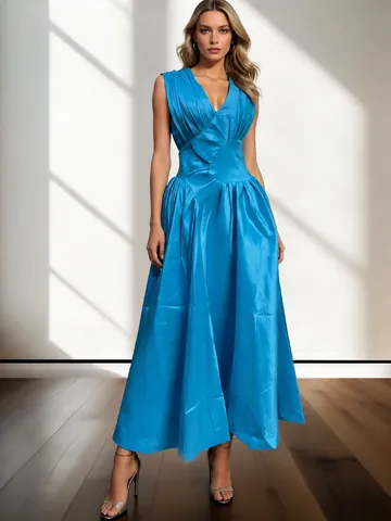 Elegant French Style Pleated Patchwork Maxi Dress V-Neck Sleeveless Solid Color High Waist A-Line Long Dress For Women Party