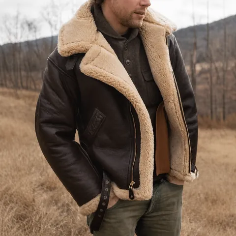 Men Vintage B3 Aviator PU Leather Jacket Faux Shearling Lined Winter Warm Thickened Lapel Jacket Retro American Style Top