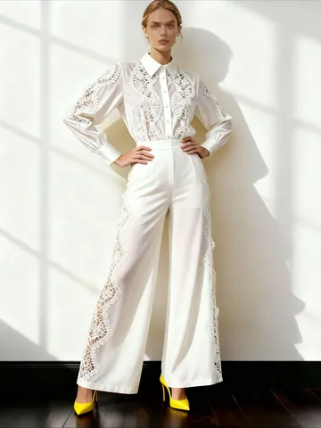Dames Elegant Polyester Kant Opengewerkt Overhemd En Wijd Uitlopende Broek Top And Bottom Set Effen Kleur Vakantiestijl Casual Outfit