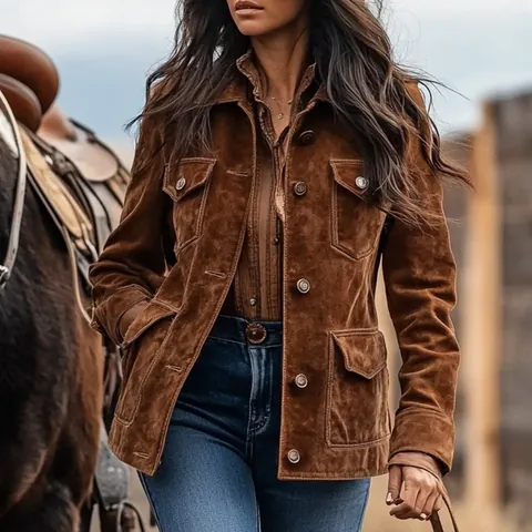Women's Retro Western Suede Velvet Jacket Brown Short Single-Breasted Multi-Pocket Lapel Coat Casual Solid Color Top