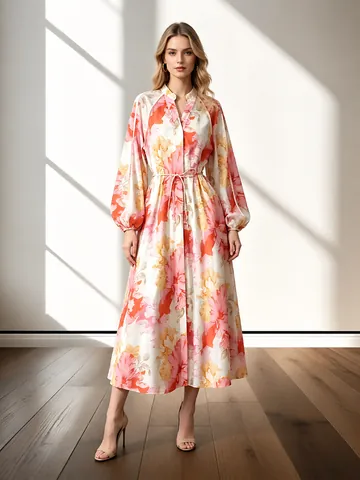 Dames Bloemenprint V-hals Maxi Jurk Lange Mouw Tailleband Elegant Vakantie Stijl Polyester Lange Jurk Voor Dames