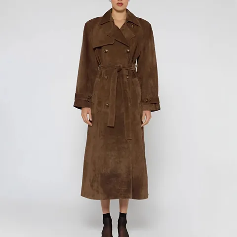 Damen Retro Wildlederimitat Langer Mantel Zweireihig Revers Trenchcoat Mit Gürtel Vintage Herbst Winter Mode Oberbekleidung Top