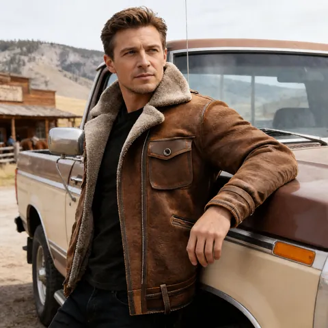 Men's Vintage Suede Faux Fur Jacket Winter Fleece Lined Lapel Multi-pocket Workwear Coat Brown Warm Outerwear Top