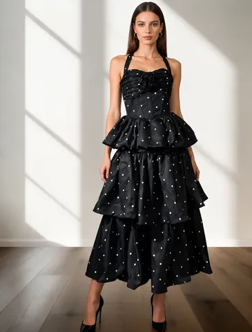 Dames Polka Dot Halter Maxi Jurk Patchwork Ruffles Gelaagde Taart Jurk Mouwloos Hoge Taille Party Jurk Voor Vrouwen