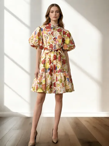 Robe Courte Rétro Élégante Française Imprimé Floral Avec Manches Bouffantes Bordure Dentelle Simple Boutonnage Ourlet Volanté Et Ceinture Femme Vacances Été