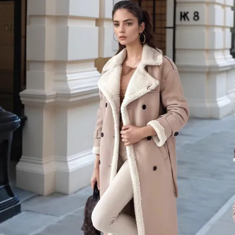 Women Faux Leather Long Coat Sherpa Lined Composite Plush Jacket Double Breasted Lapel Outerwear With Belt Autumn Winter Top