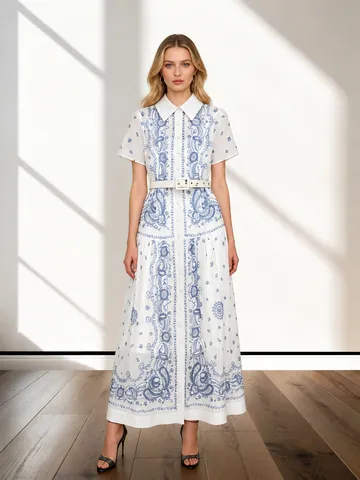 Franse Vintage Paisley Print Overhemdjurk Voor Dames Met Riem Korte Mouw Midi A-Lijn Zomerse Casual Jurk