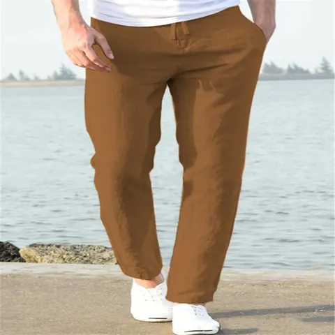 Pantalon Décontracté 100% Lin pour Hommes Été Respirant Cordon Taille Élastique Couleur Unie Relaxed Fit Pantalon Crayon Mâle Bottom