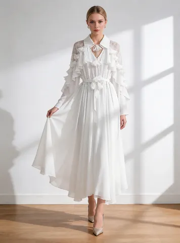 Dames Elegante Effen Kleur Ruffle Tiered Midi Jurk Opstaande Kraag Vetersluiting Lange Mouw Kant Patchwork Geplooide Jurk