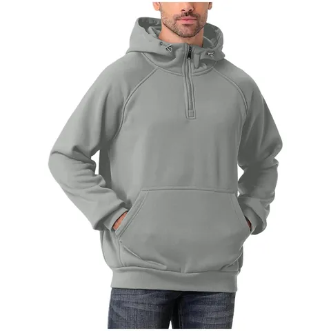 Men Heavyweight Half Zip Hooded Sweatshirt Solid Color Fleece Lined Loose Fit Long Sleeve Pullover Hoodie Casual Fashion Top