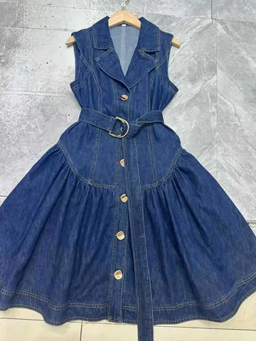 Retro Sleeveless Denim Midi Dress Shirt Collar Single Breasted Heart Buttons With Belt Slim Fit Patchwork Jean Dress For Women