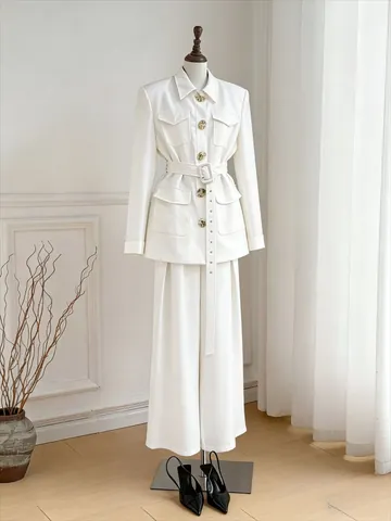 Dames Elegant Pak Revers Enkele Rij Knopen Blazer Met Tailleriem Wijde Pijpen Polyester Top En Broek Voor Vroege Herfst