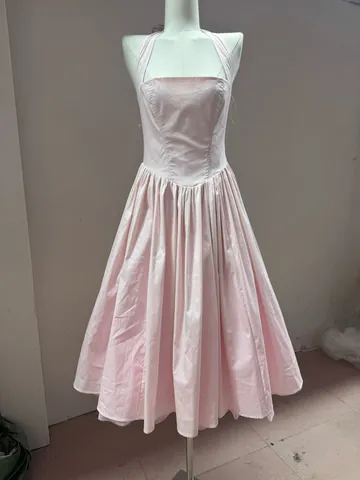 Elegant Halter Neck Pleated Ruffle Midi Dress Sexy Backless Bowknot A-Line Party Dress Solid Color Polyester Sleeveless Summer Dress