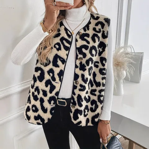 Women Leopard Print Faux Fur Vest Casual Sleeveless Single-Breasted Plush Waistcoat Outerwear Winter Autumn Top