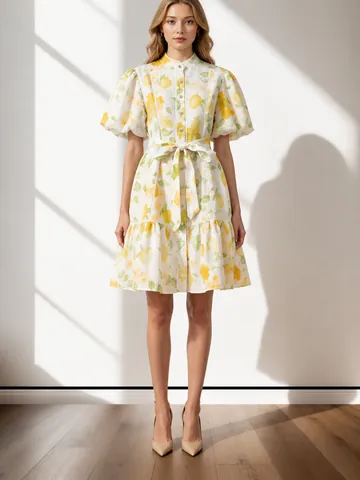 Robe Courte Rétro Élégante Française Imprimé Floral Avec Manches Bouffantes Bordure Dentelle Simple Boutonnage Ourlet Volanté Et Ceinture Femme Vacances Été