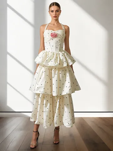 Dames Polka Dot Halter Maxi Jurk Patchwork Ruffles Gelaagde Taart Jurk Mouwloos Hoge Taille Party Jurk Voor Vrouwen