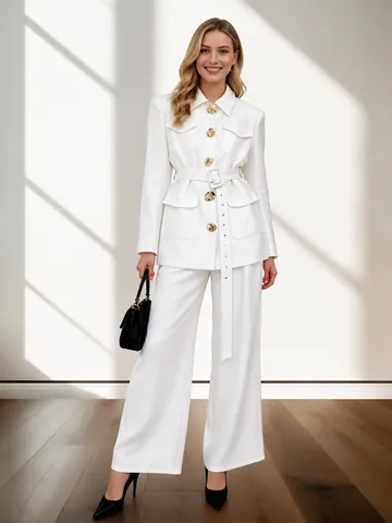 Dames Elegant Pak Revers Enkele Rij Knopen Blazer Met Tailleriem Wijde Pijpen Polyester Top En Broek Voor Vroege Herfst