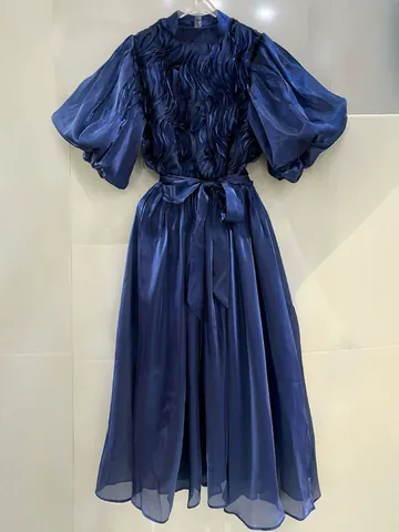 Robe de Banquet Élégante Rétro Français pour Femmes Manches Bouffantes Taille à Nouer Volants Mi-Longue Coupe A Polyester