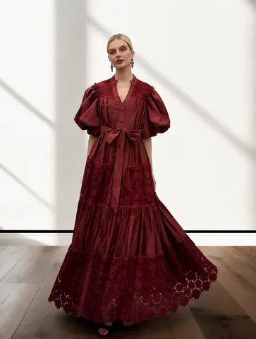 French Palace Style Lace Patchwork Hollow Out Embroidery V Neck Puff Sleeve Maxi Dress With Waist Tie Elegant Women Party Dress