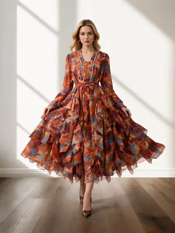 Women Floral Printed V Neck Maxi Dress Ruffle Sleeve High Waist Tie Beach Vacation Rhinestone Top And Bottom Elegant Dress