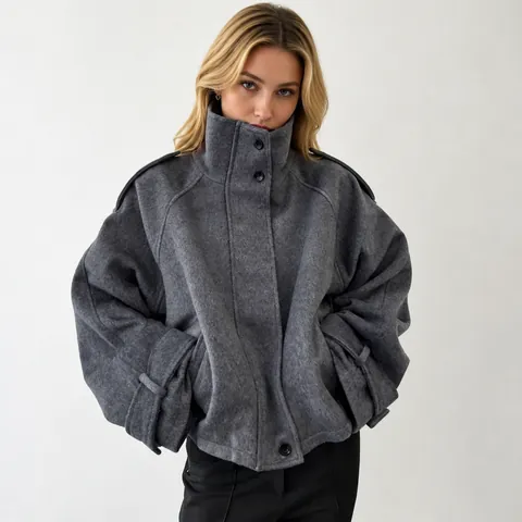Damen Eleganter Wollmantel Stehkragen Einreihige Alpaka-Wolle Jacke Herbst Winter Mode Lockere Passform Oberbekleidung Top