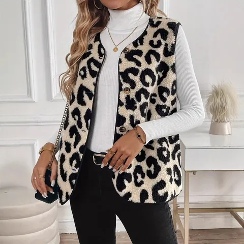 Women Leopard Print Faux Fur Vest Casual Sleeveless Single-Breasted Plush Waistcoat Outerwear Winter Autumn Top